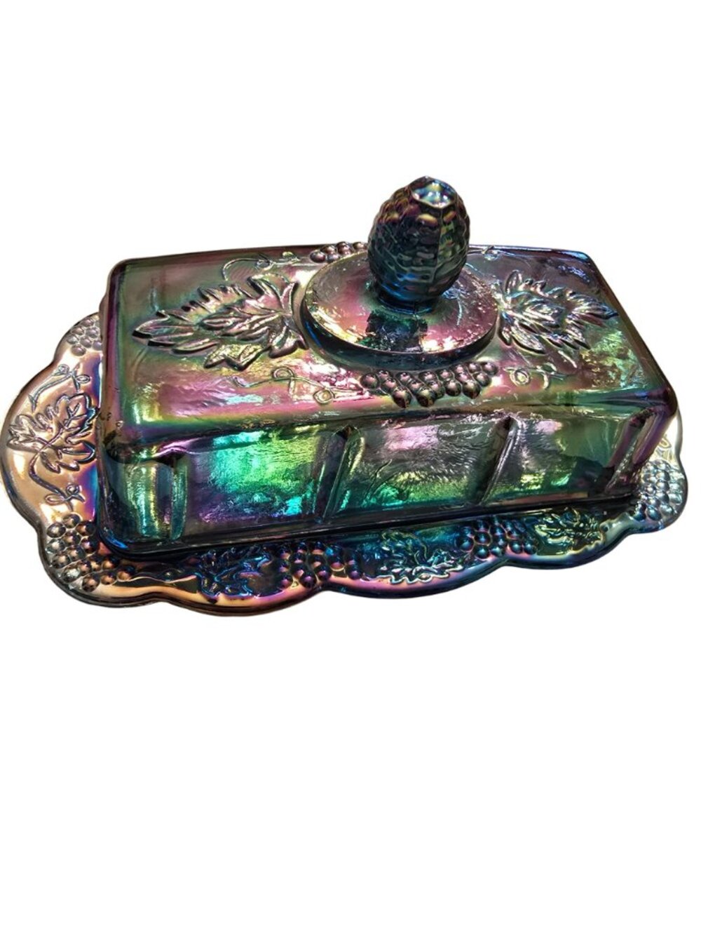 Iridescent Glass Butter Dish Grapevine Pattern Rectangular Indiana Glass JH8029 - Picture 4 of 9
